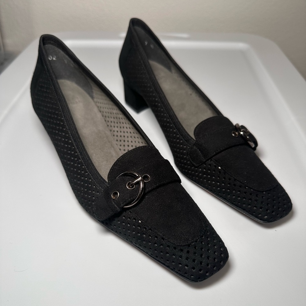 Stuart Weitzman Mesh Suede Kitten Heel Pumps with Buckle